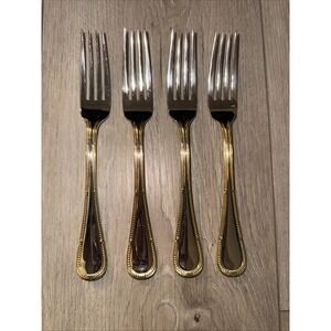 4 Dinner Forks Yamazaki Allegra GLOSSY Stainless Gold Accents